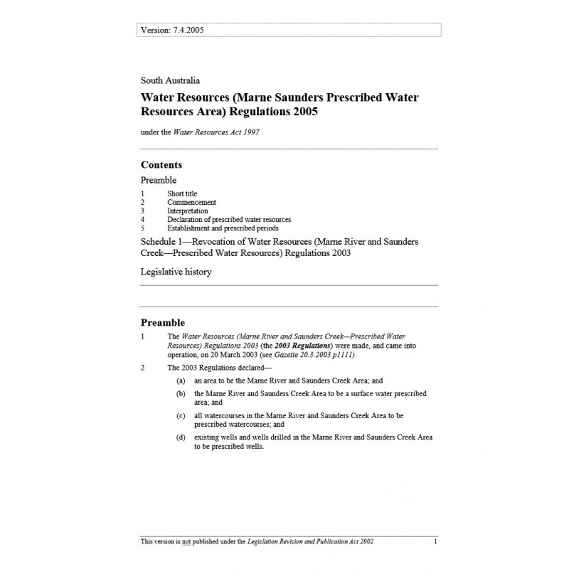 Water Resources (Marne Saunders Prescribed Water Resources Area) Regulations 2005