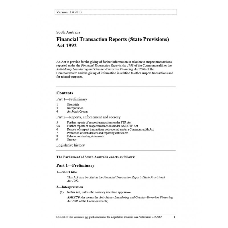 Financial Transaction Reports (State Provisions) Act 1992