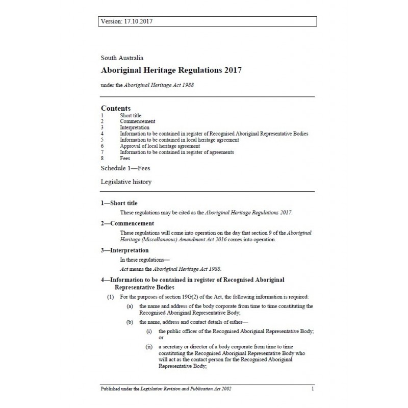 Aborignal Heritage Regulations 2017