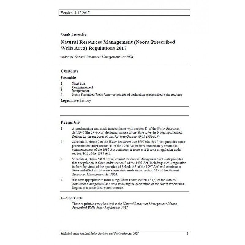 Natural Resources Management (Noora Prescribed Wells Area) Regulations 2017