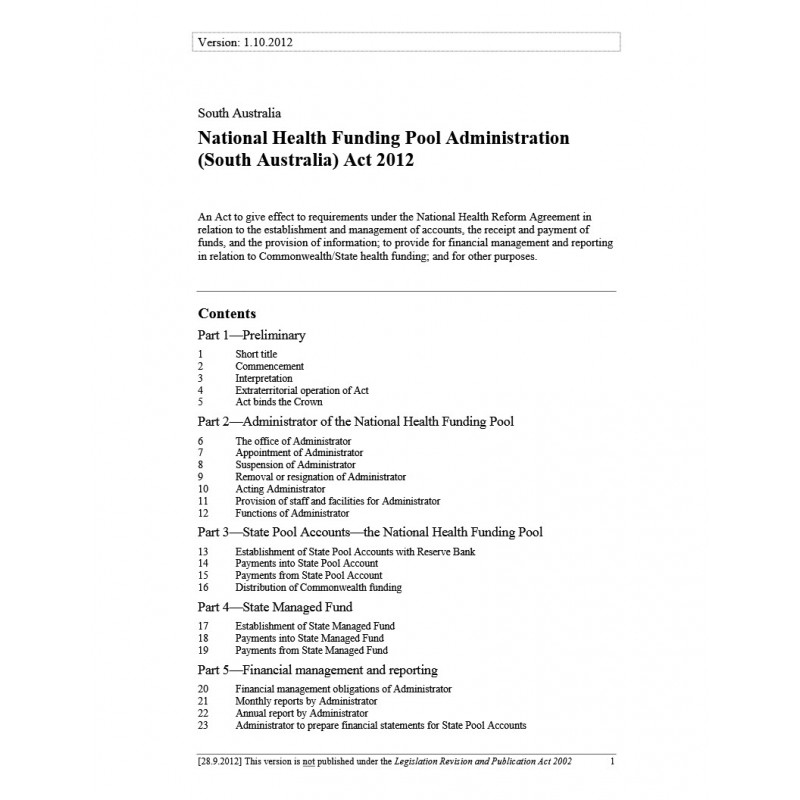 National Health Funding Pool Administration (South Australia) Act 2012