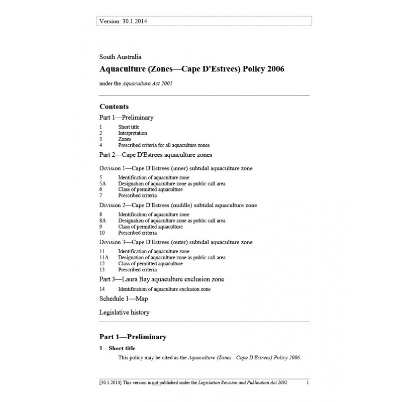 Aquaculture (Zones - Cape DEstrees) Policy 2006
