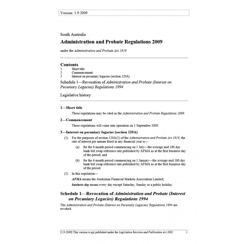 Administration and Probate Regulations 2009