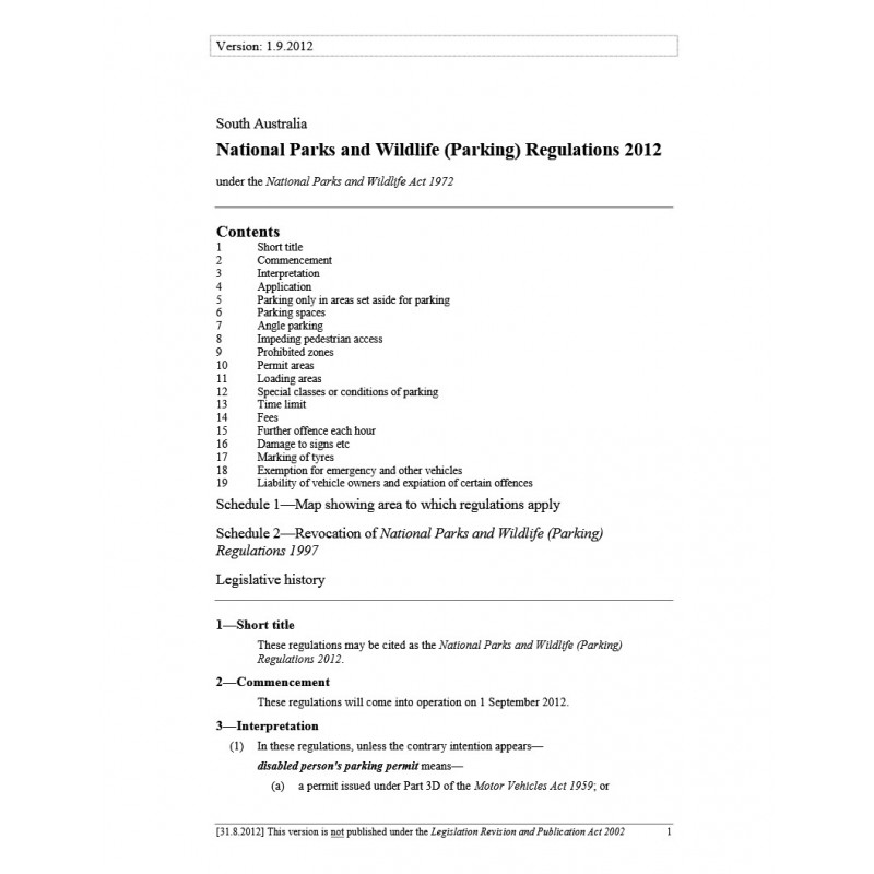 National Parks and Wildlife (Parking) Regulations 2012