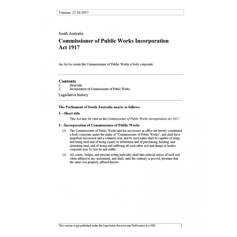 Commissioner of Public Works Incorporation Act 1917